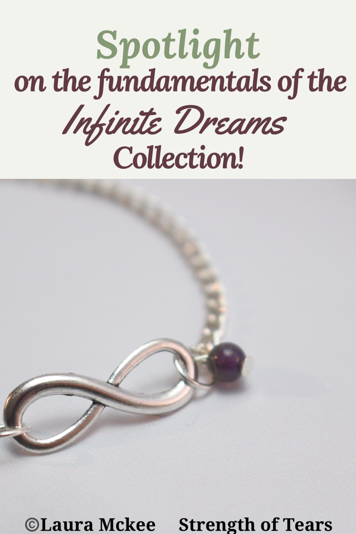 Pinterest Graphic- close up image on a grey stone effect base of the Simple Infinity Amethyst Bracelet. Wording below says 'Spotlight on the fundamentals of the Infinite Dreams Collection.